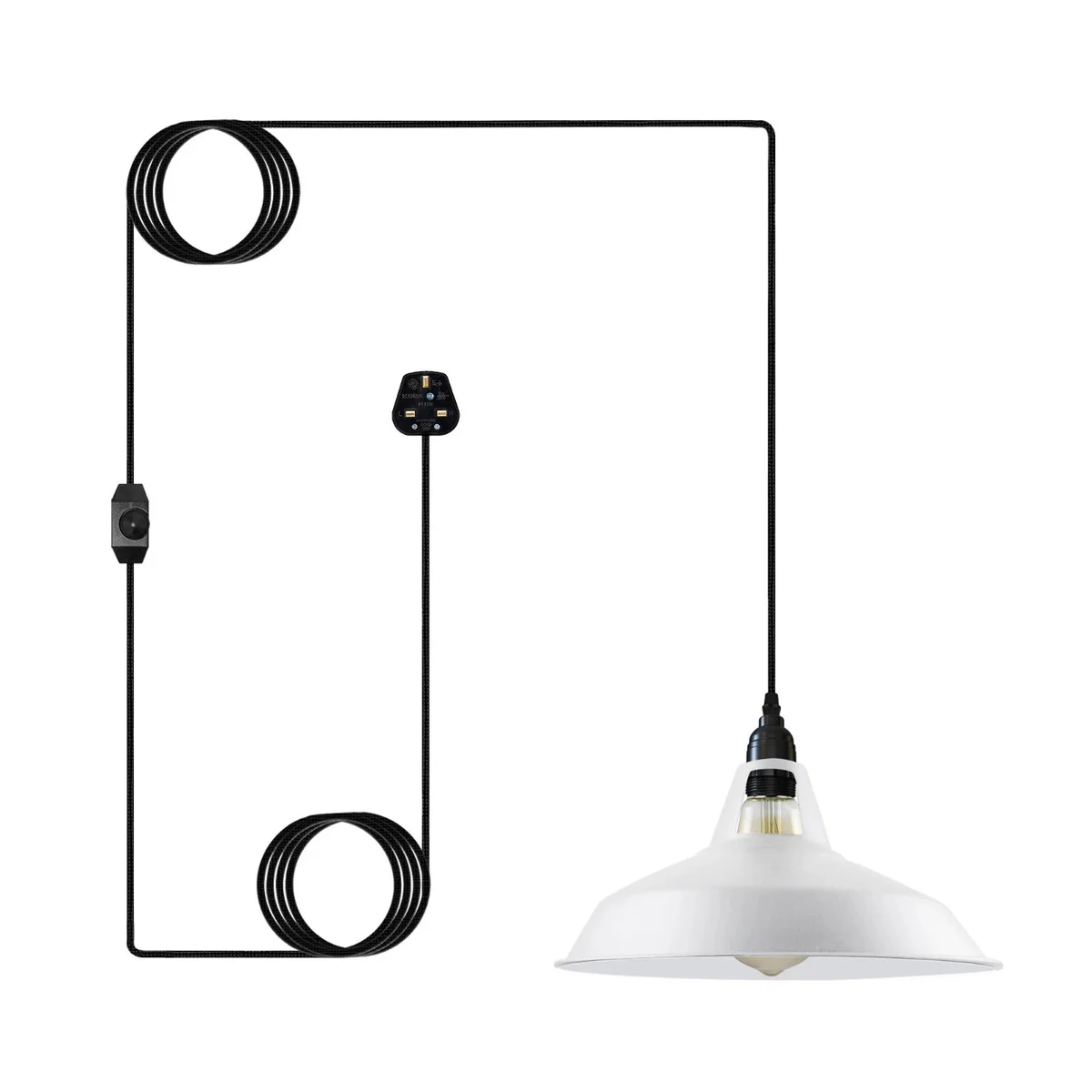 Plug in pendant light with 4m fabric cable and 30cm metal shade hanging above a wooden table with dimmer switch visible