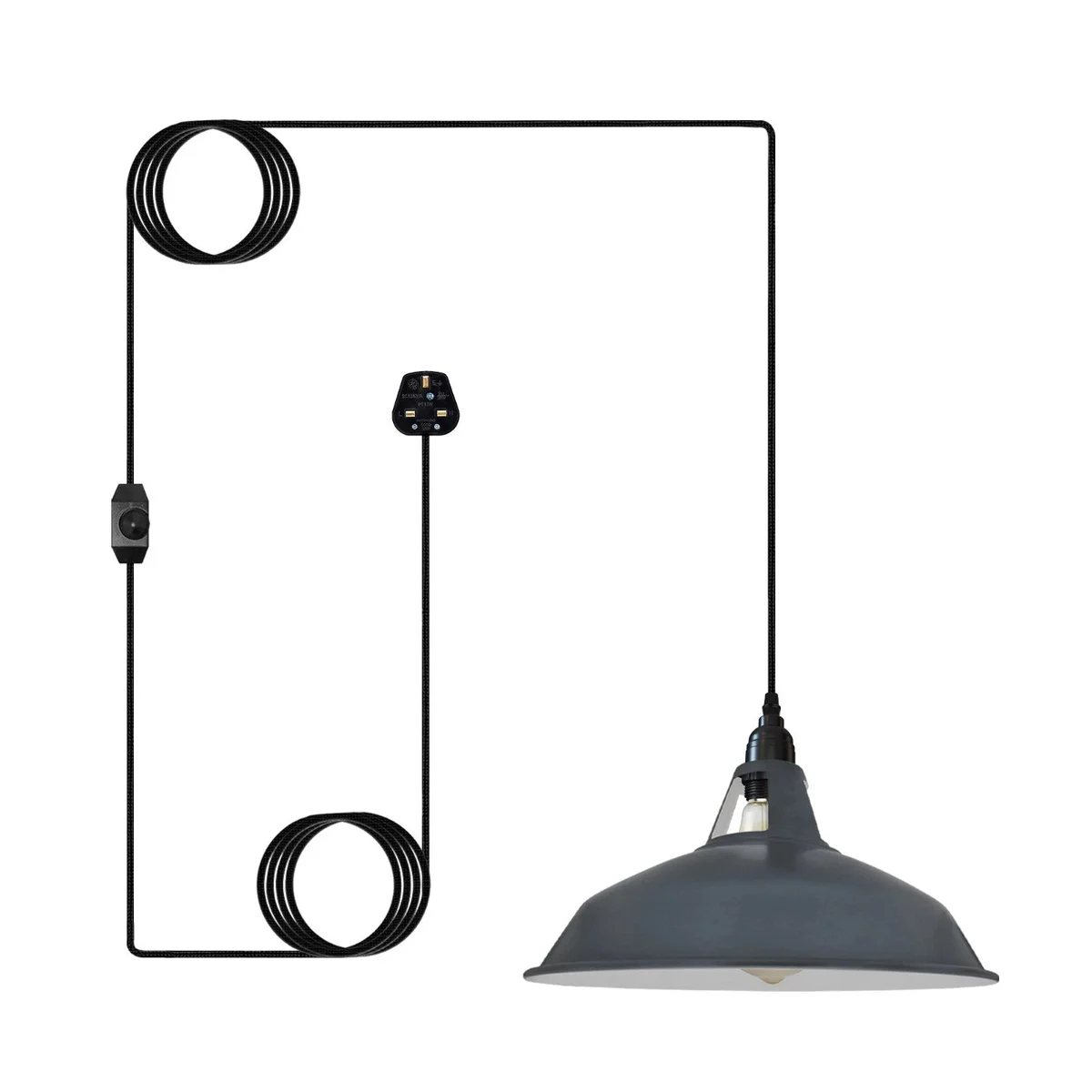 Plug in pendant light with 4m fabric cable, 30cm metal shade, and built-in dimmer switch hanging in a modern room setting