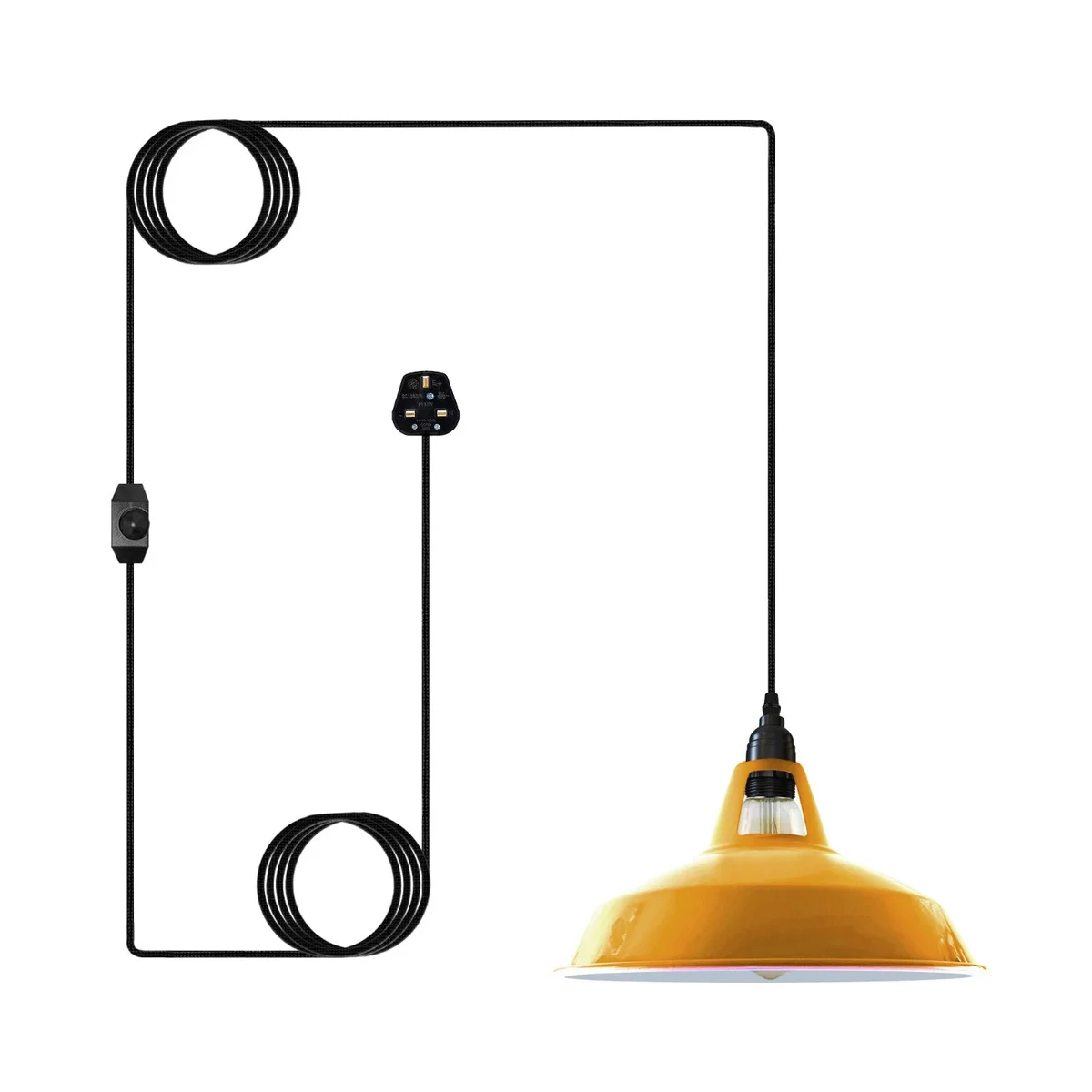 Plug in pendant light with 30cm metal shade and 4m fabric cable hanging against a white wall with dimmer switch visible