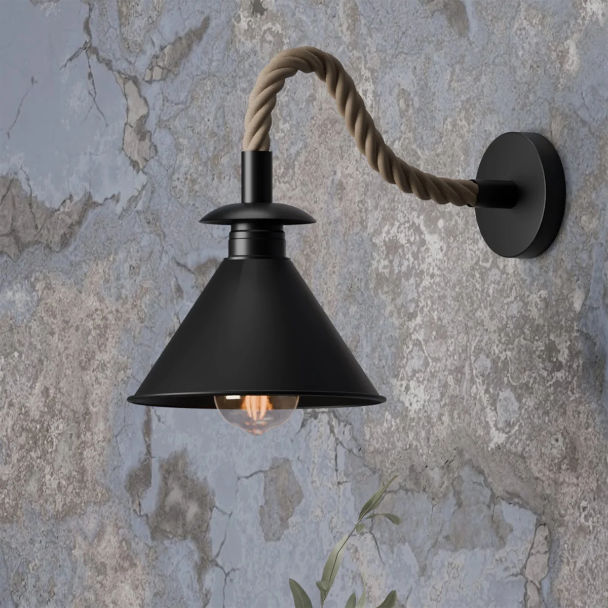 Vintage hemp rope wall lamp with twisted rope cable and metal fixture, E27 socket, ideal for indoor vintage decor