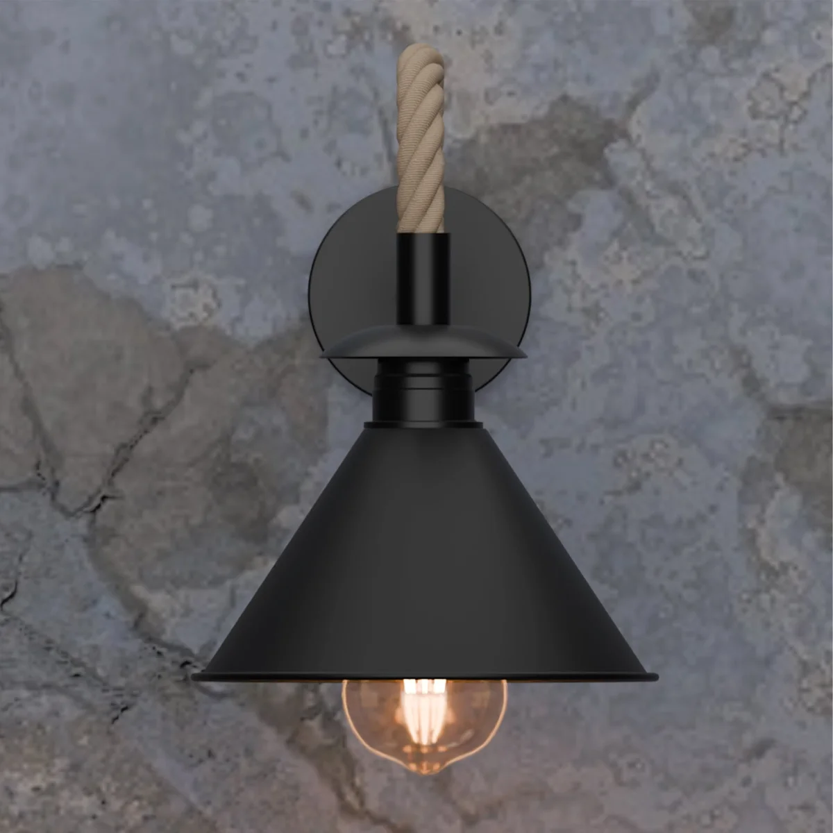 Vintage industrial wall sconce with twisted hemp rope and metal frame, featuring an E27 bulb lamp indoors