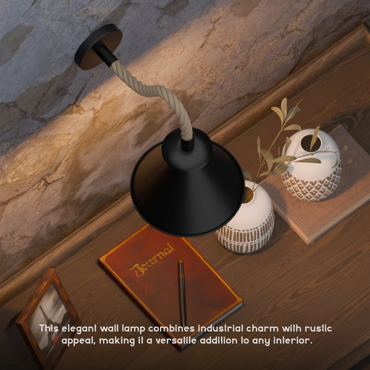 Dimmable vintage lamp with twisted hemp rope cable and metal wall sconce, suitable for indoor use with E27 bulbs