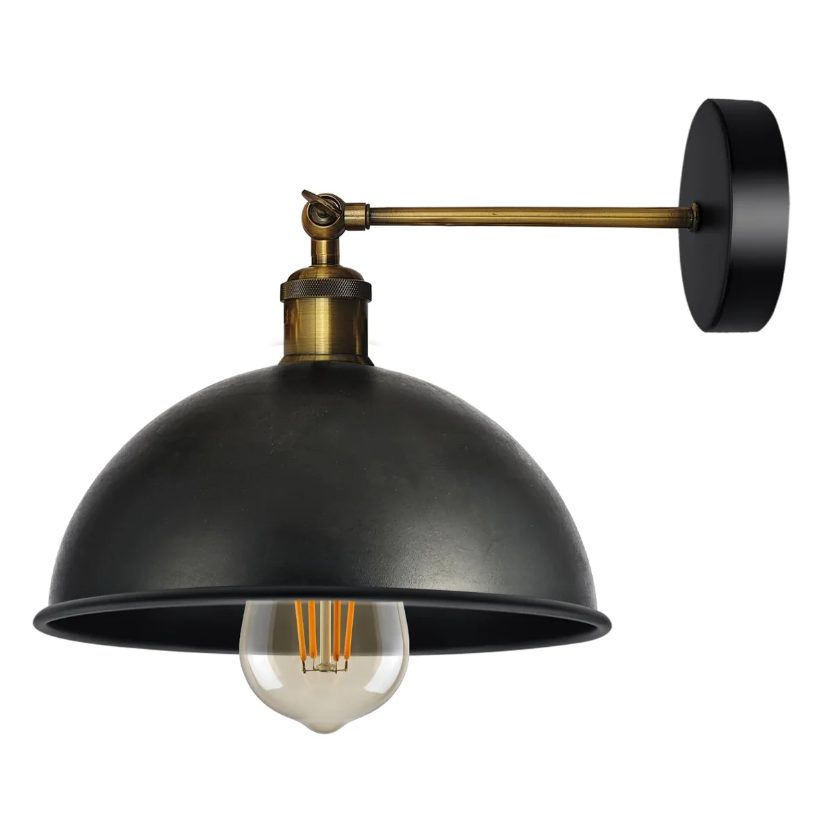 Black metal dome shade wall light with vintage cage design mounted on a white wall in farmhouse style setting