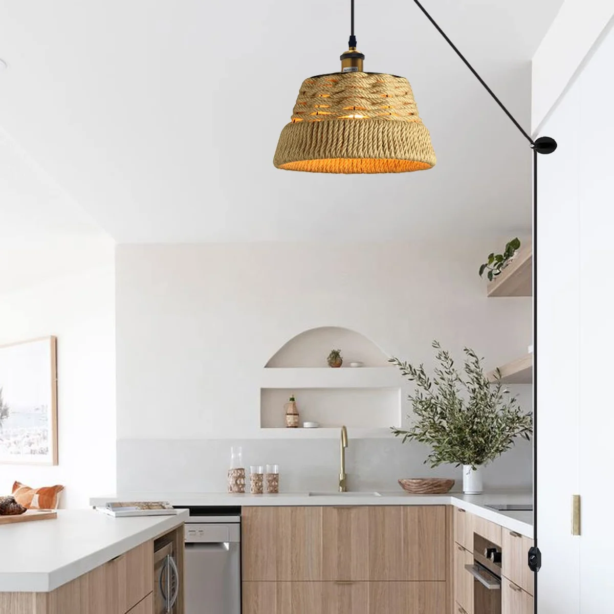 Hand-woven bamboo and rattan plug in pendant lighting with dimmer, adjustable height, iron frame, and 2m cord