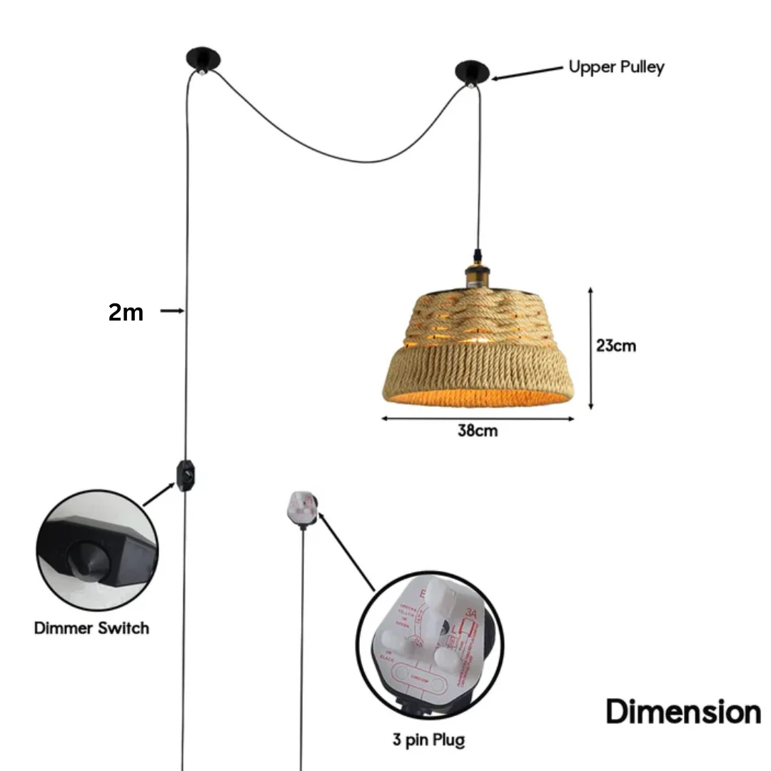 Hand-woven bamboo pendant light with rattan shade, iron frame, and pulley system for adjustable height and dimmer control