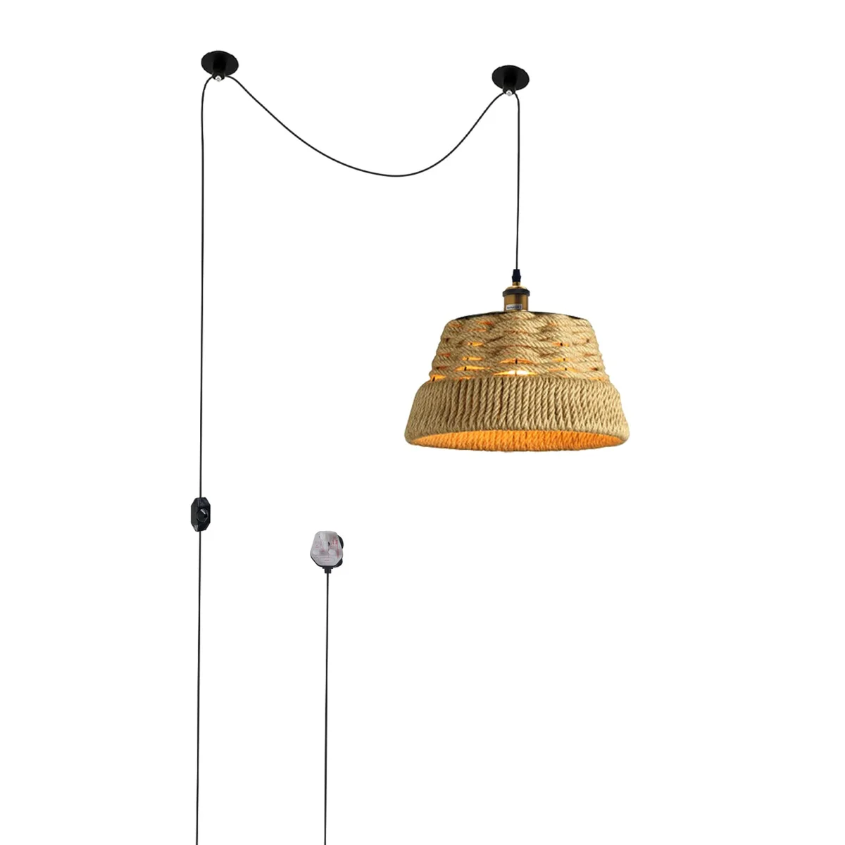 Hand-woven bamboo and rattan dimmable pendant lamp with iron pulley system and adjustable height, shown mounted on wall