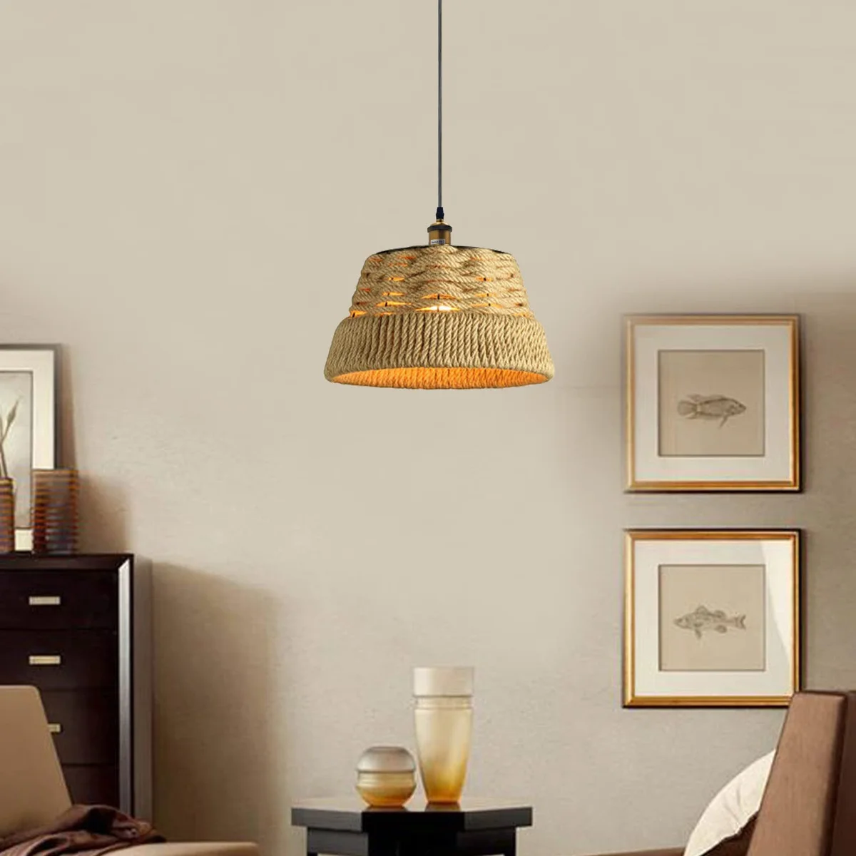 Hand-woven bamboo and rattan adjustable height pendant light with iron pulley system and dimmer switch on cord