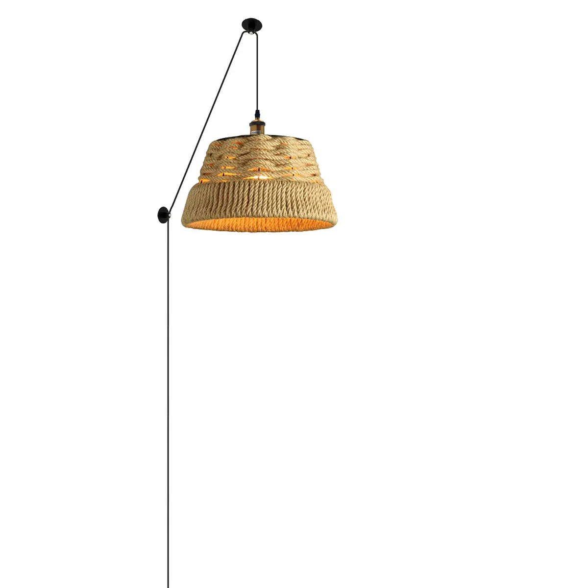 Adjustable rattan chandelier light with hand-woven bamboo shade, iron frame, and pulley system for height control