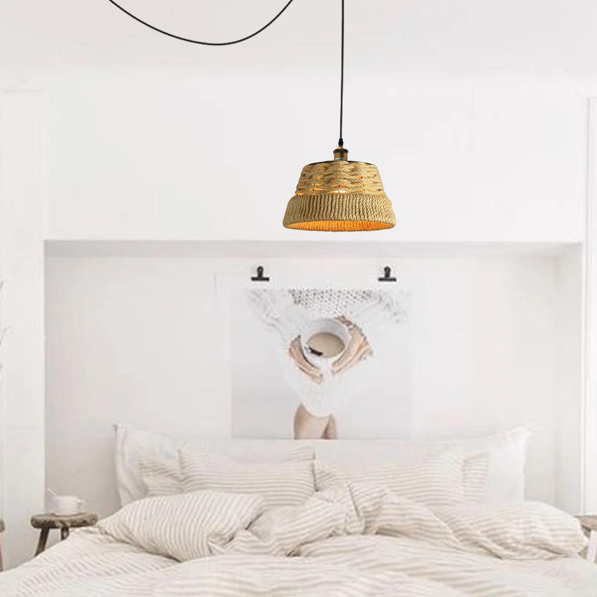 Hand-woven bamboo and rattan drum shade with iron frame and pulley, dimmable UK plug pendant light hanging on wall
