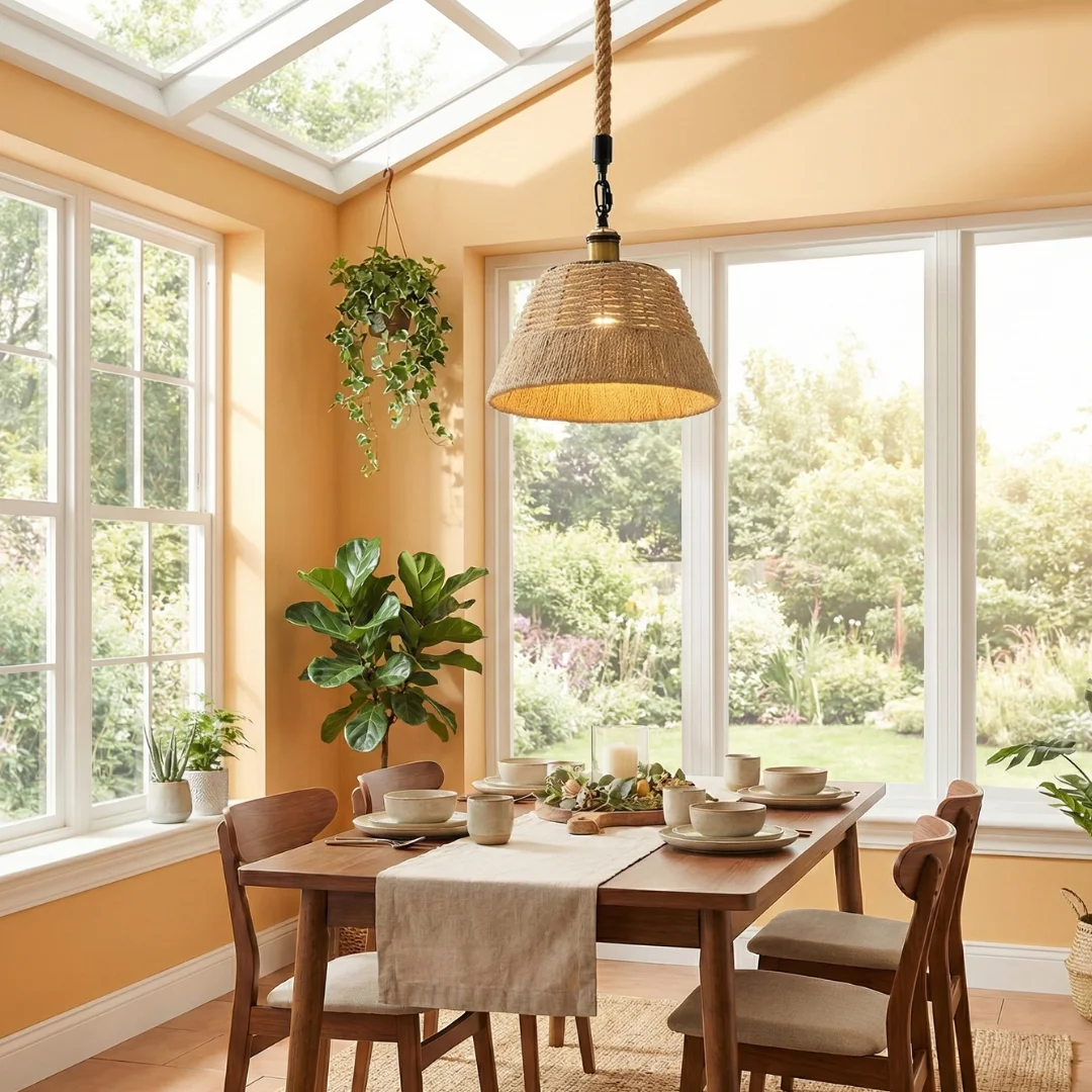 Hemp rope pendant light with metal drum shade hanging from adjustable cable against white background