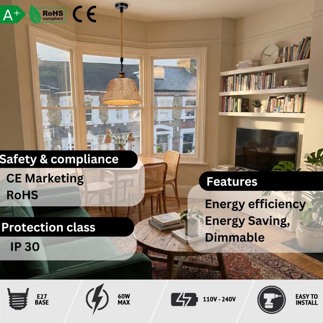 Vintage pendant lighting with metal drum shade wrapped in natural hemp rope, adjustable hanging cable, industrial style