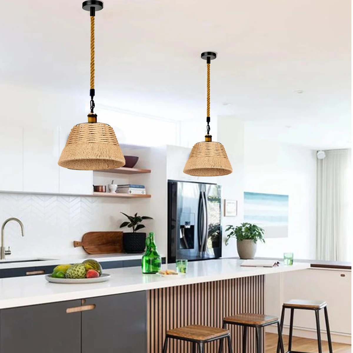 Adjustable ceiling light with metal frame and natural hemp rope drum shade hanging against white background