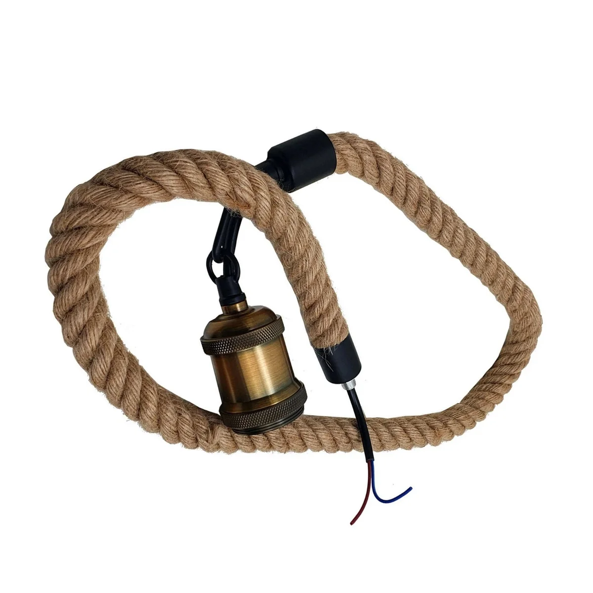 Industrial style E27 bulb pendant light with metal frame and hemp rope drum shade hanging from adjustable cable