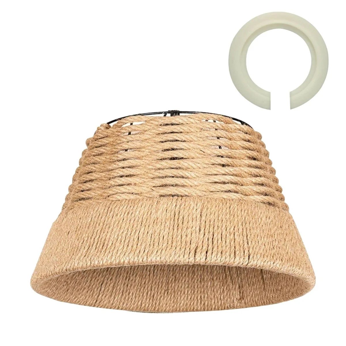 Rustic pendant light shade made of natural hemp rope wrapped around black metal cage, 40cm diameter, vintage boho style