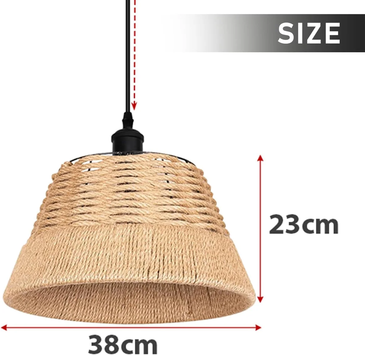 Rustic hemp rope light shade with woven natural rope around black metal cage, 40cm diameter pendant lamp shade