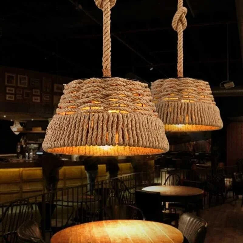 Rustic 40cm vintage industrial pendant light shade made of natural hemp rope wrapped around black metal cage