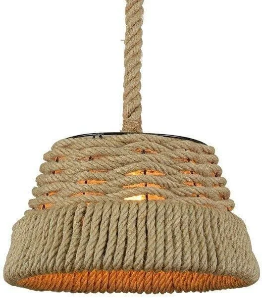 Rustic 40cm hemp rope E27 bulb pendant shade with black metal cage, hanging and lit, showing woven texture and warm light