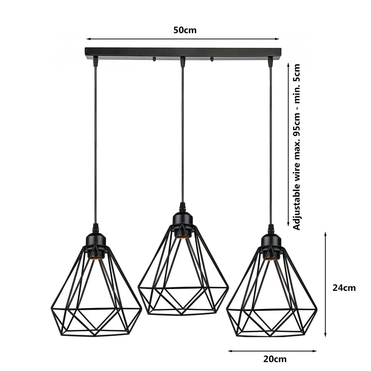 Three black metal cage dimmable hanging lights with adjustable cords, showcasing industrial vintage style pendant lighting