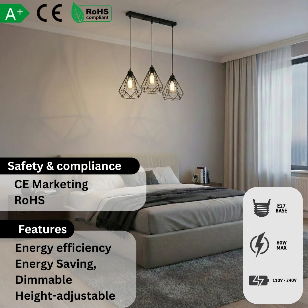 Three black metal cage E27 pendant lighting fixtures hanging at adjustable heights against a white background