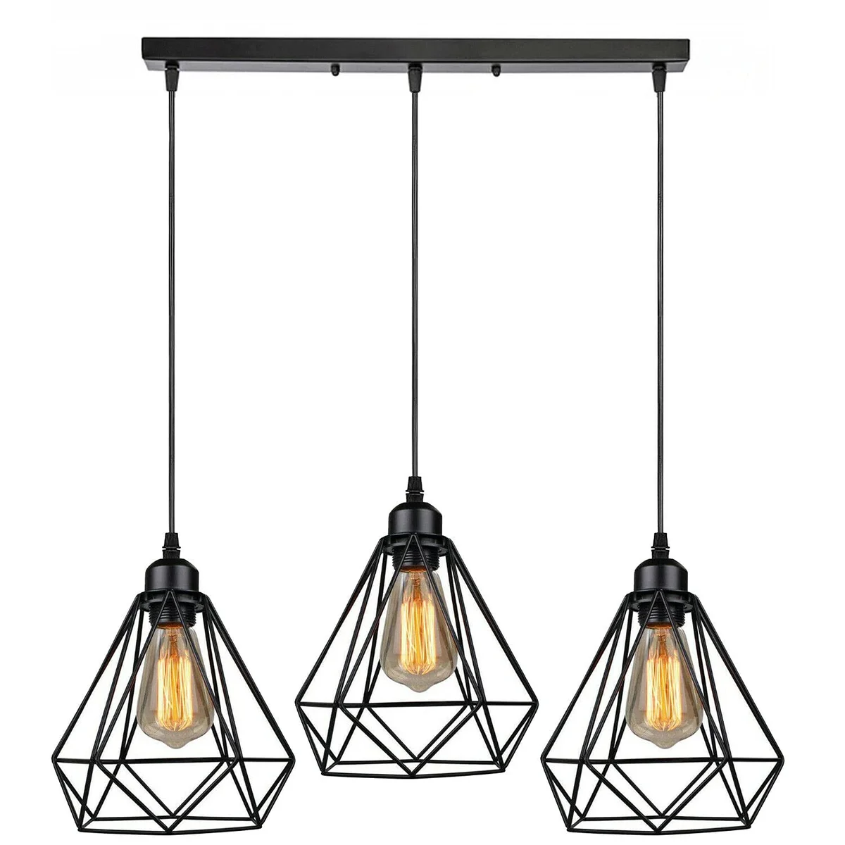Three black metal cage adjustable height pendant lights hanging with visible E27 bulb sockets and cables