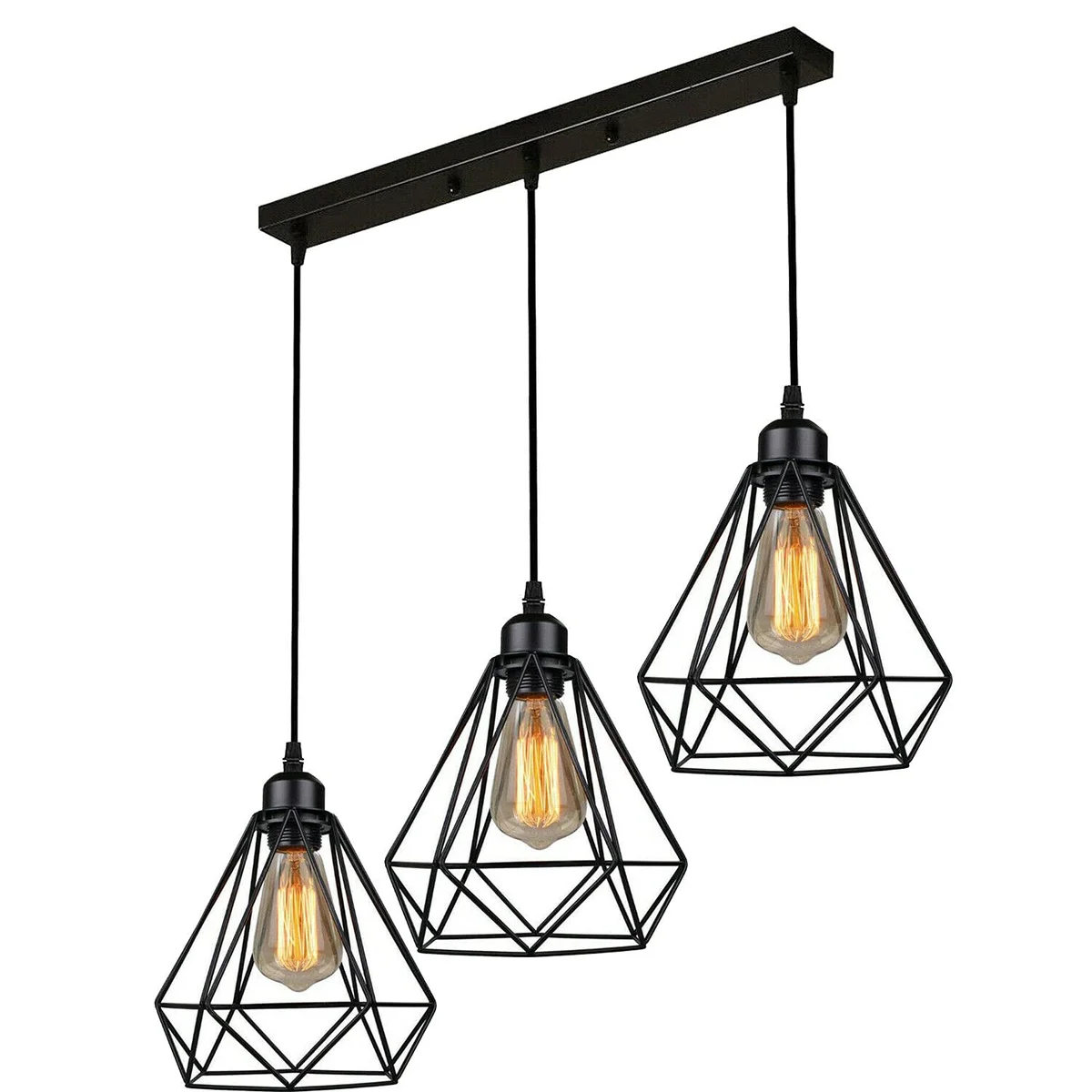Three black metal cage industrial pendant lights hanging at adjustable heights with E27 bulb sockets against white background