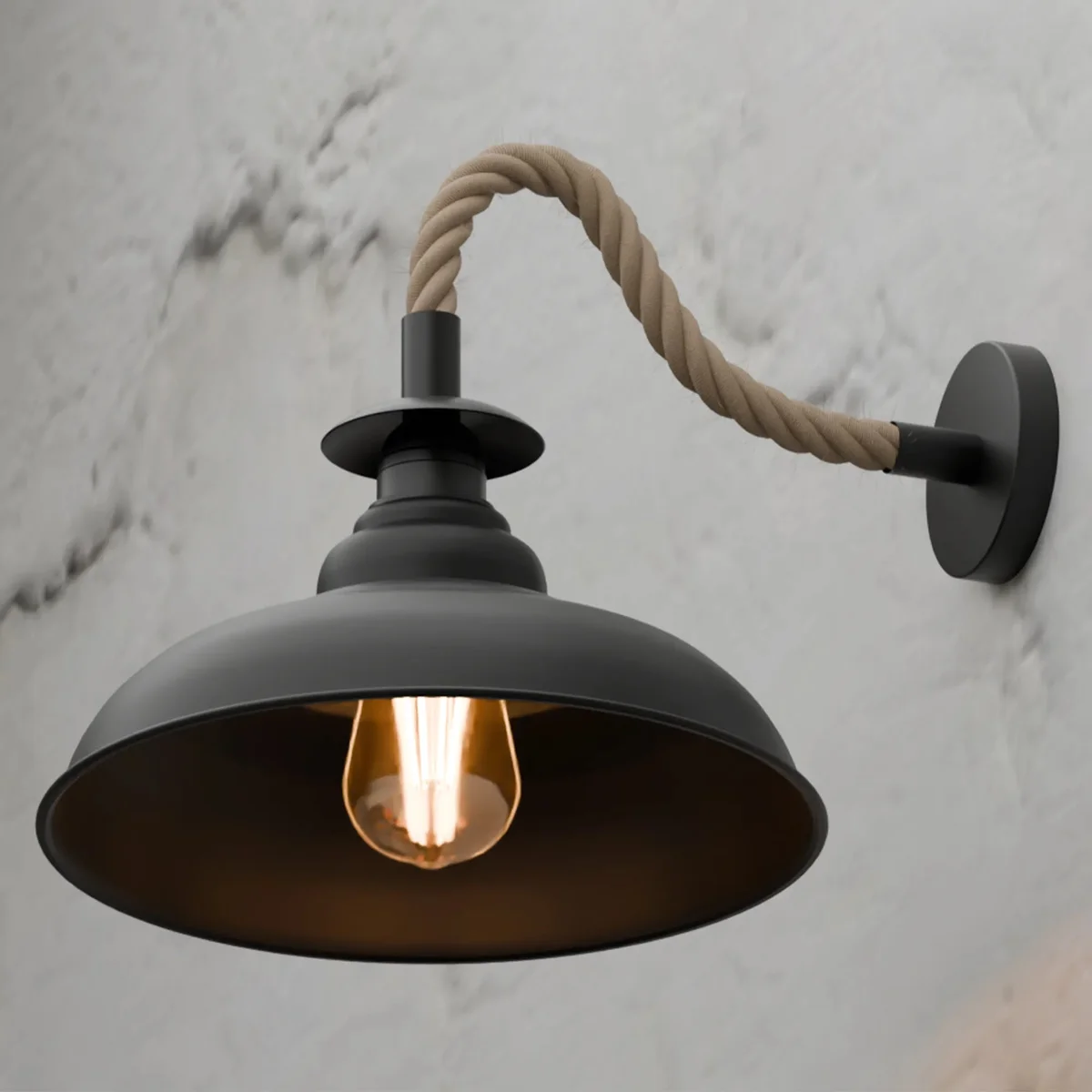 Black rope wall sconce with twisted hemp rope cable and diamond cage metal shade, vintage industrial style wall light