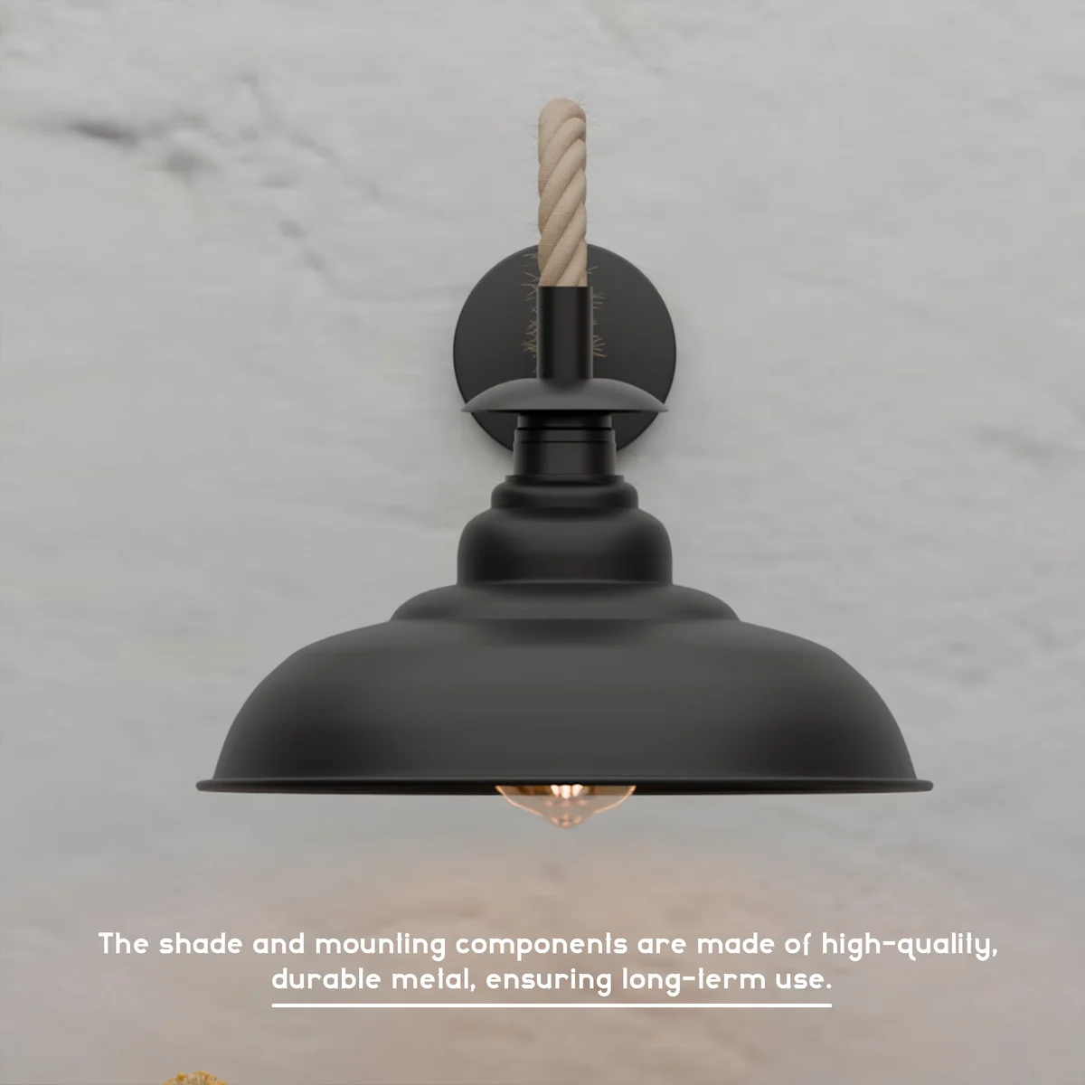 Black vintage hemp rope wall lamp with twisted rope cable and diamond cage metal shade mounted on white wall