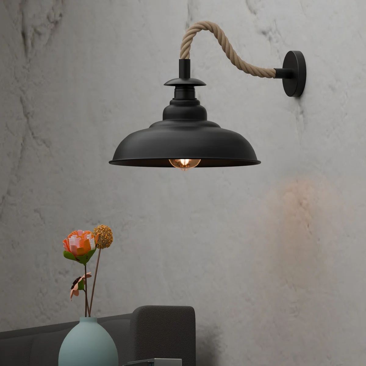 Black rope wall sconce with diamond cage metal shade and twisted hemp cable, compatible with E27 bulb wall light fittings