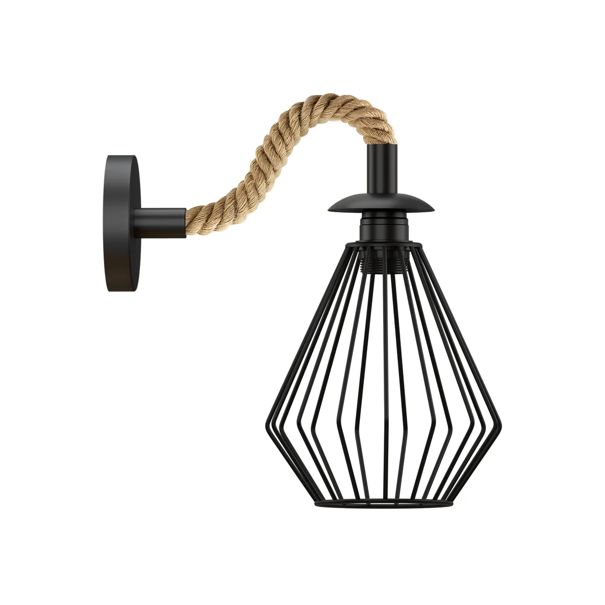 Black industrial wall light with diamond cage metal shade and twisted hemp rope cable, vintage style, 19cm wide