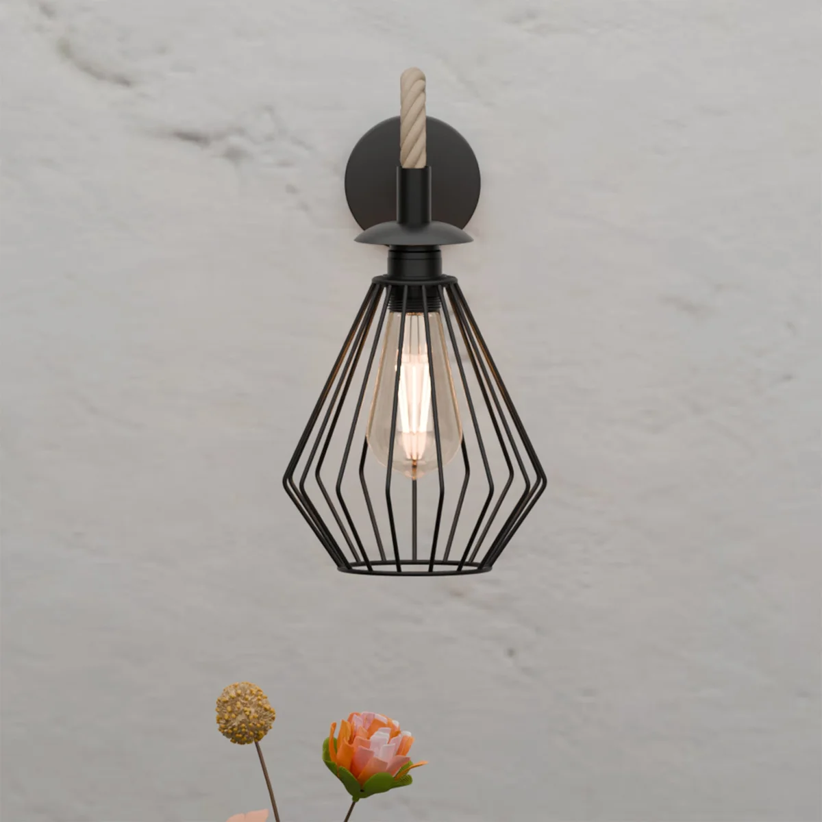 Black rope wall lamp with twisted hemp rope cable and diamond cage metal shade, vintage industrial style, wall mounted