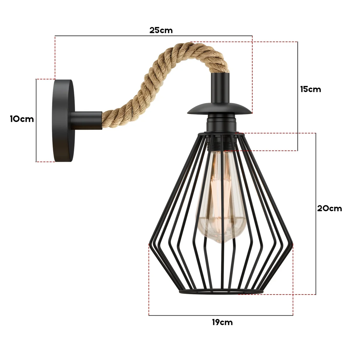 Black rope wall sconce with diamond cage metal shade, hardwired indoor lamp with twisted hemp rope cable, vintage style