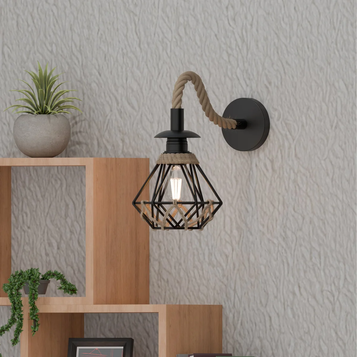 13cm black industrial wall sconce with twisted hemp rope and metal cage shade, vintage style, hardwired E27 bulb socket