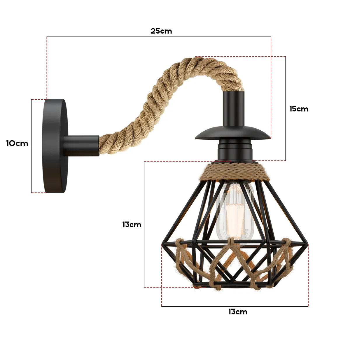 Black industrial hemp rope wall lamp with twisted cable and metal cage shade, vintage style, dimmable, E27 bulb compatible