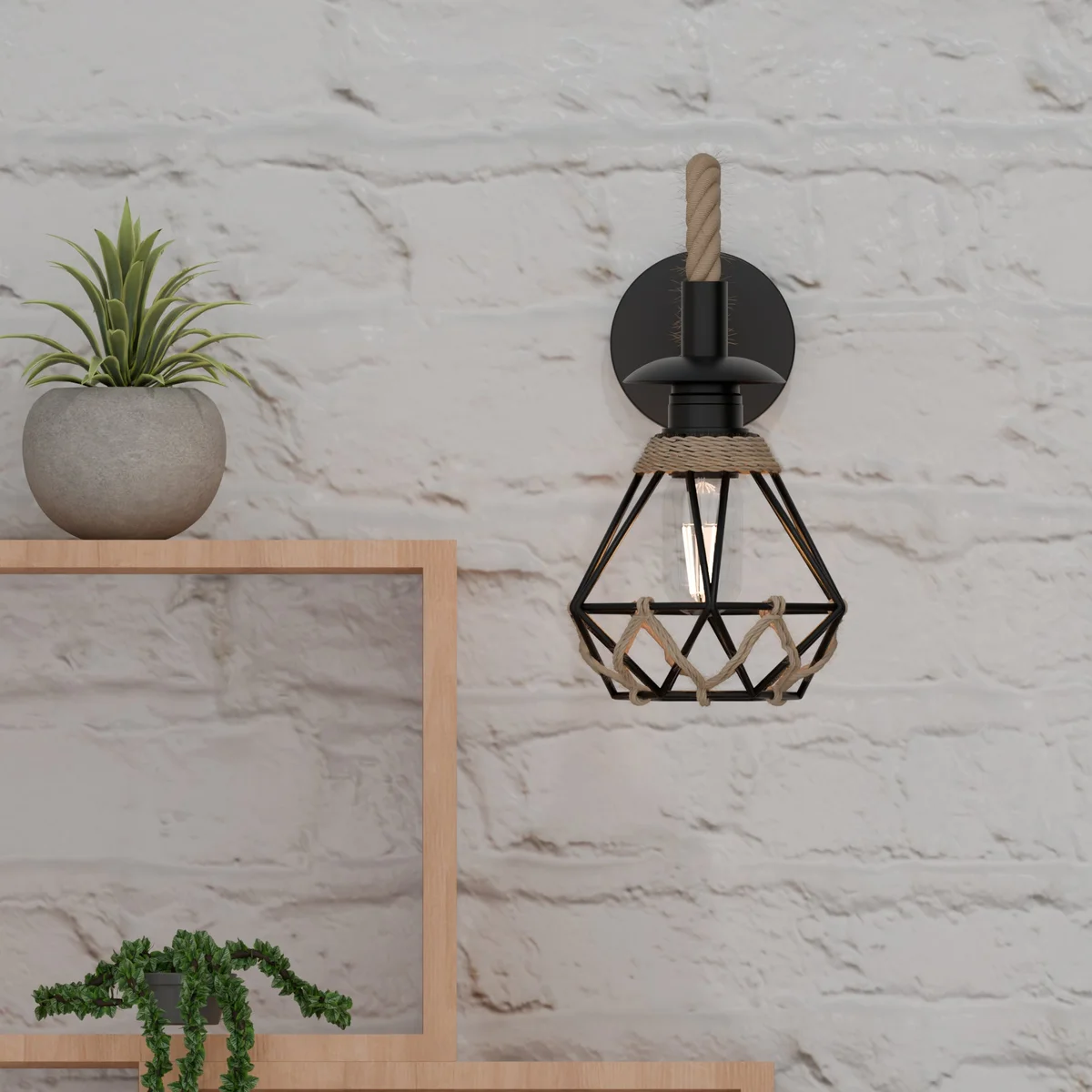 Black vintage dimmable E27 wall light with twisted hemp rope and metal cage shade, ideal for indoor decor