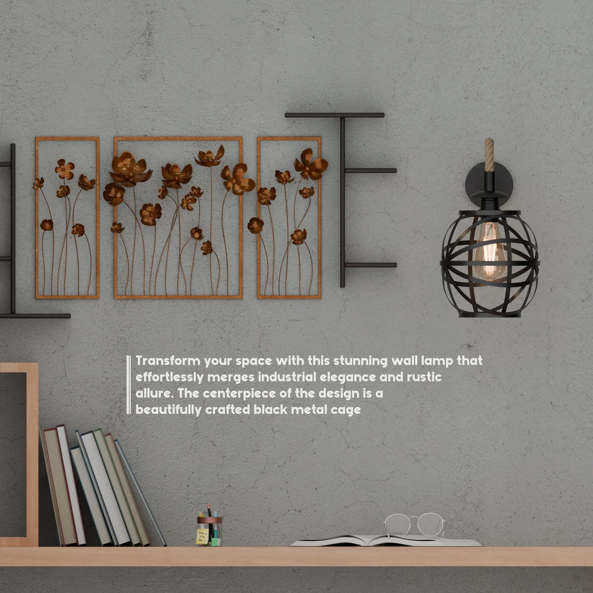 Vintage hemp rope wall light with twisted rope cable and round metal cage shade, ideal for rustic interior decor