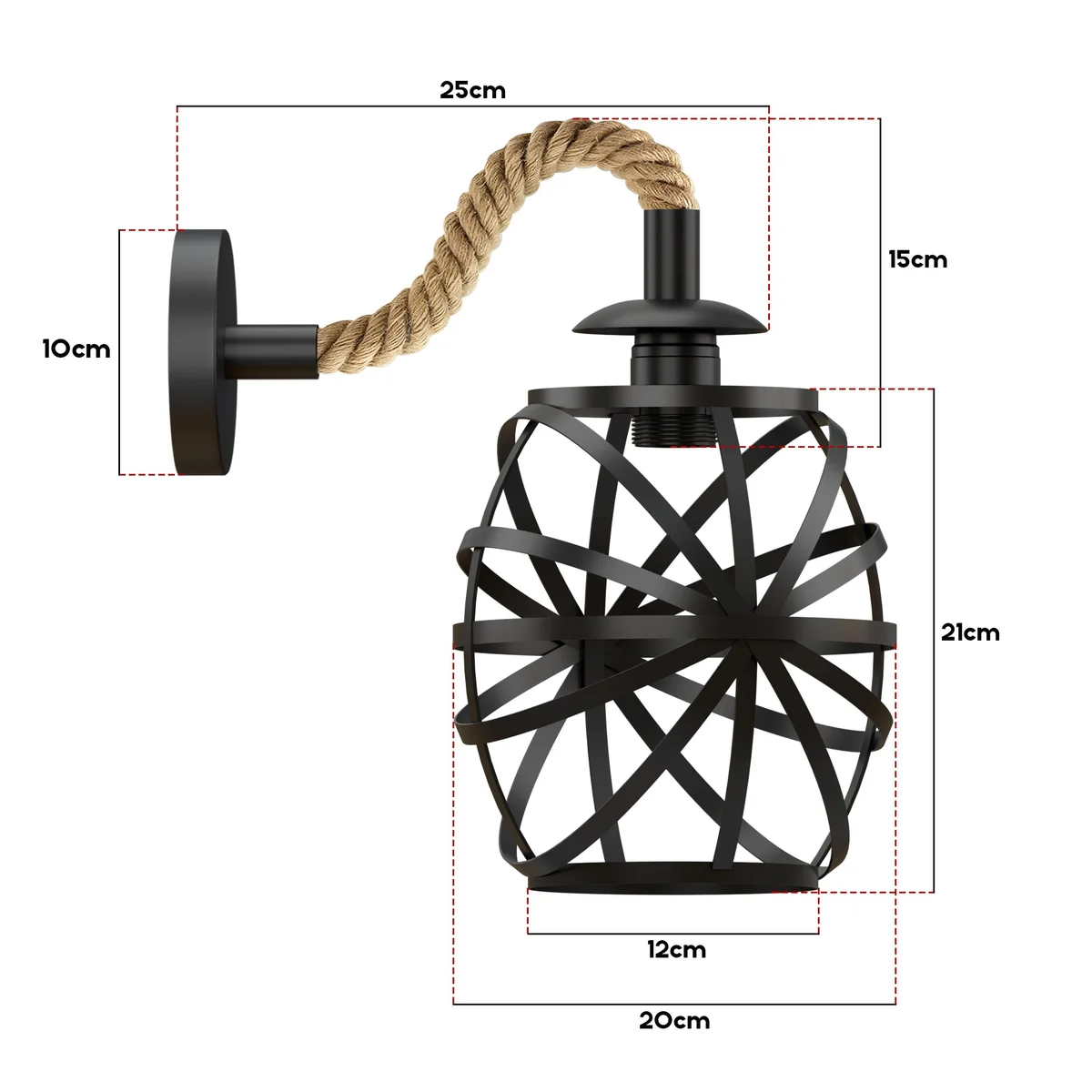 Industrial wall light with black metal cage and twisted hemp rope cable, vintage style, 20cm round cage design