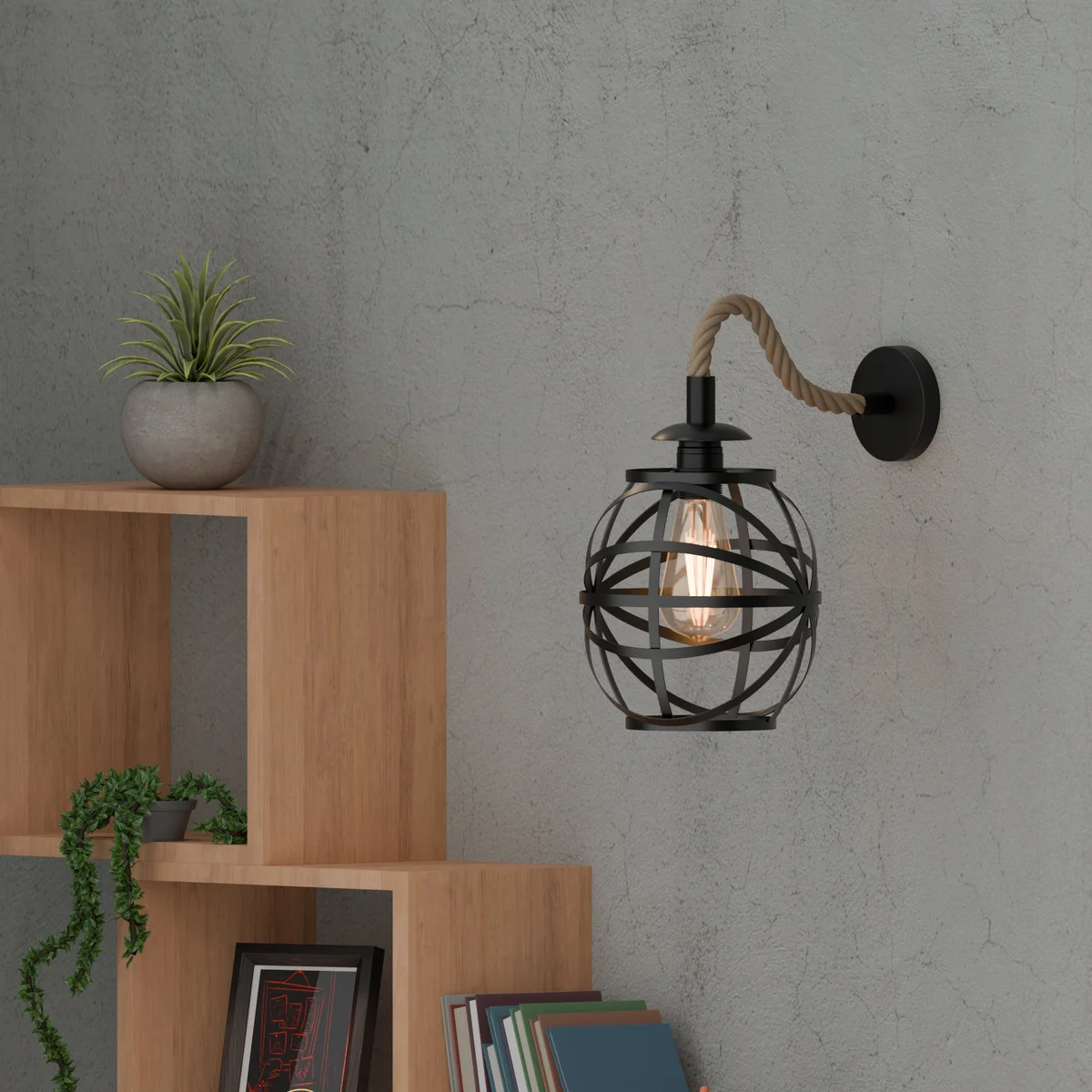Vintage industrial wall light with twisted hemp rope lamp cable and metal round cage shade, 20cm diameter