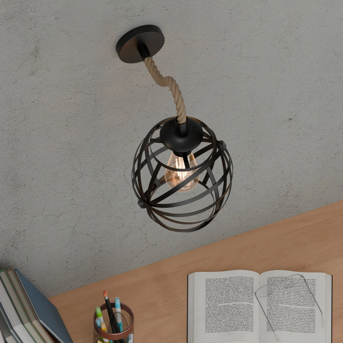 Vintage industrial E27 wall light with twisted black hemp rope cable and round metal cage shade, 20cm diameter