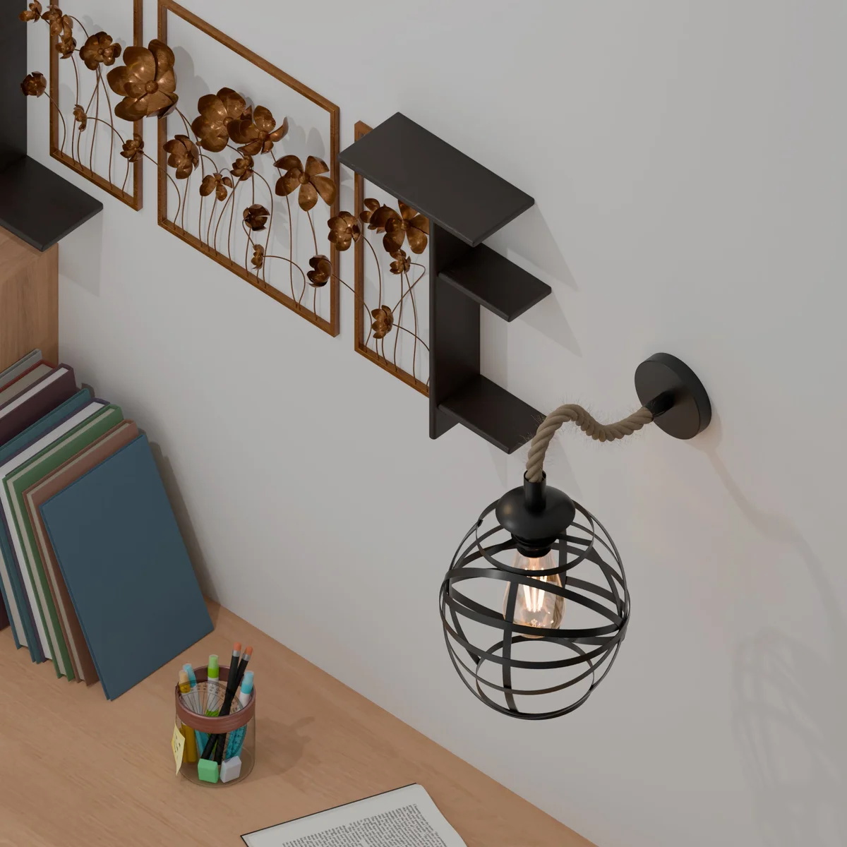 Dimmable vintage lamp with black hemp rope and metal cage wall light, 20cm round industrial style fixture