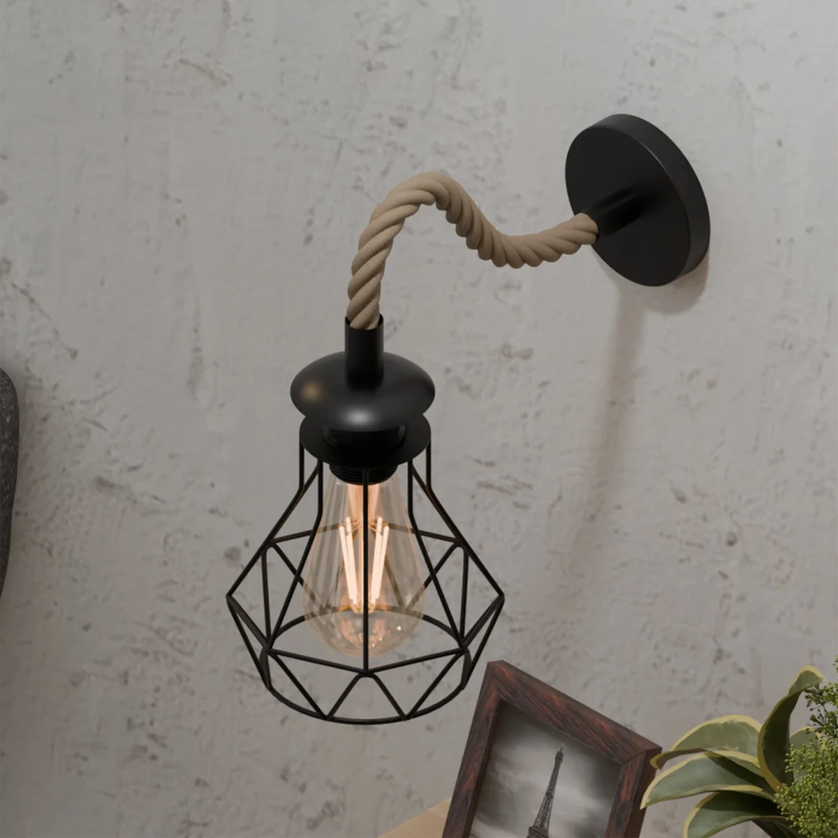 Vintage rope wall light with black twisted hemp rope and diamond cage metal shade, ideal for indoor vintage decor.