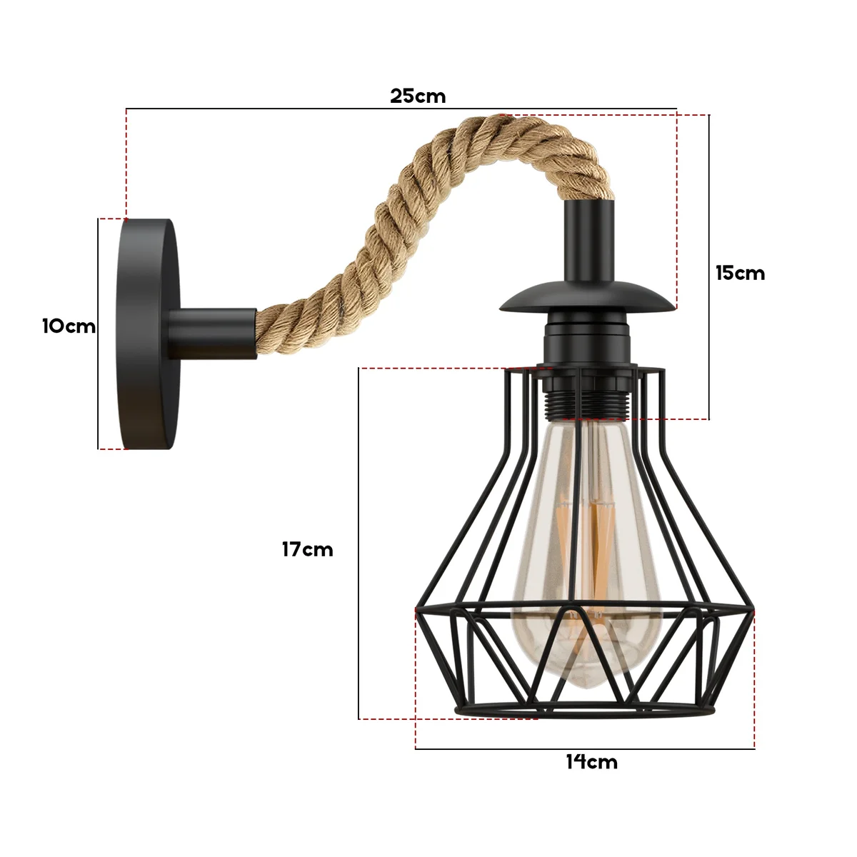 Black industrial wall sconce with twisted hemp rope cable and diamond cage metal shade, vintage style, 14cm size