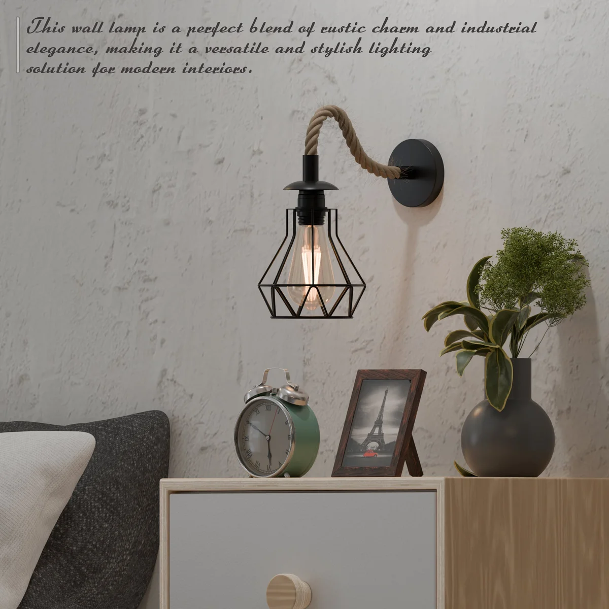 Vintage style hemp rope wall lamp with twisted rope cable and diamond cage metal shade, suitable for indoor use