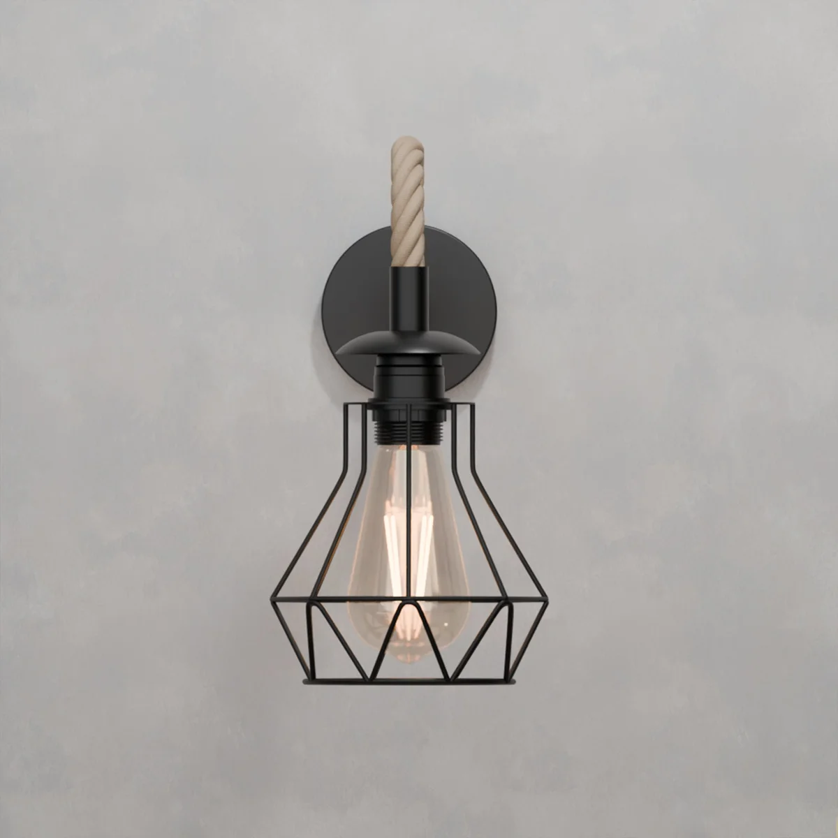 Vintage black rope wall sconce with diamond cage design, compatible with E27 bulb wall light, mounted on a white wall