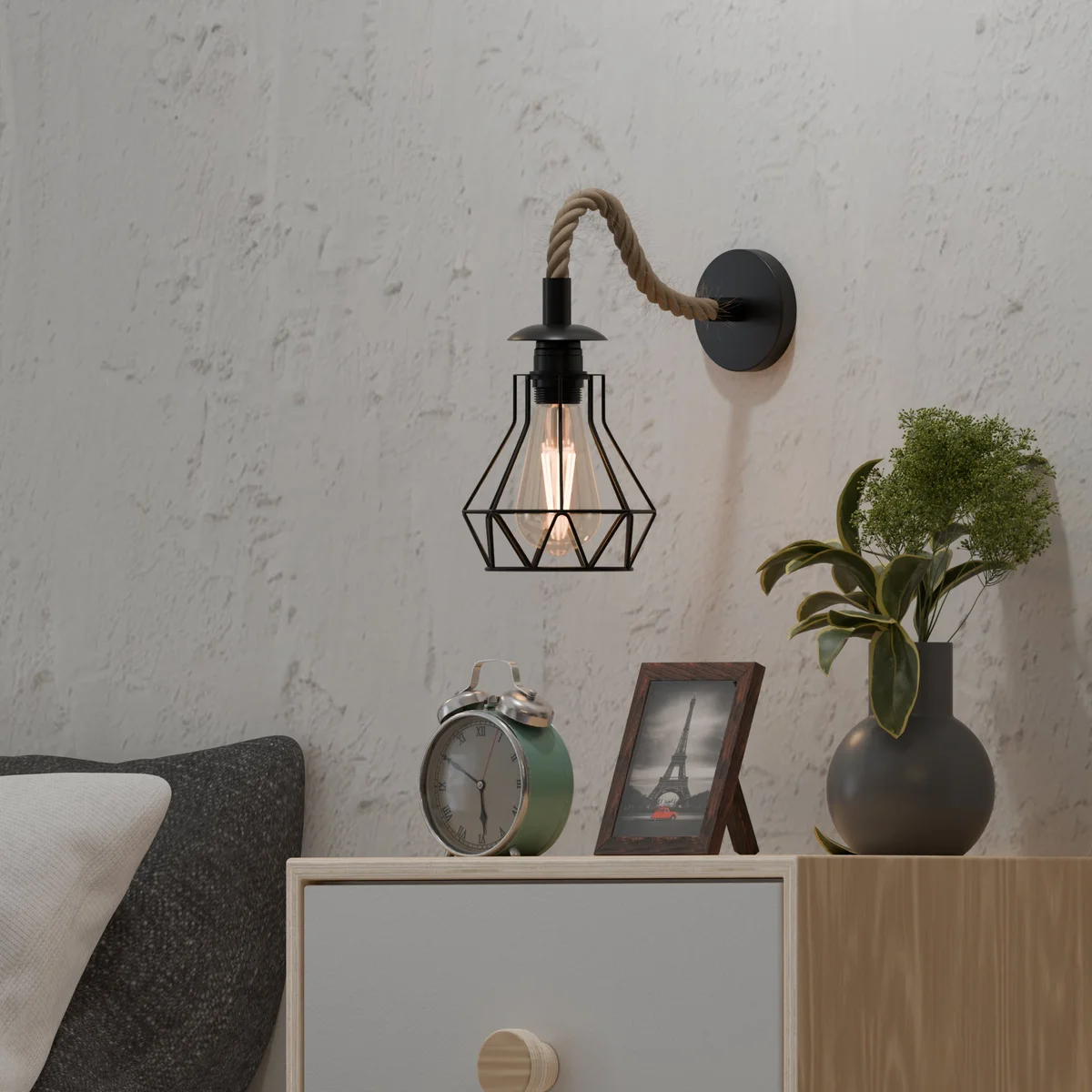 Dimmable vintage lamp with black twisted hemp rope and diamond cage metal shade wall sconce, 14cm size, industrial style