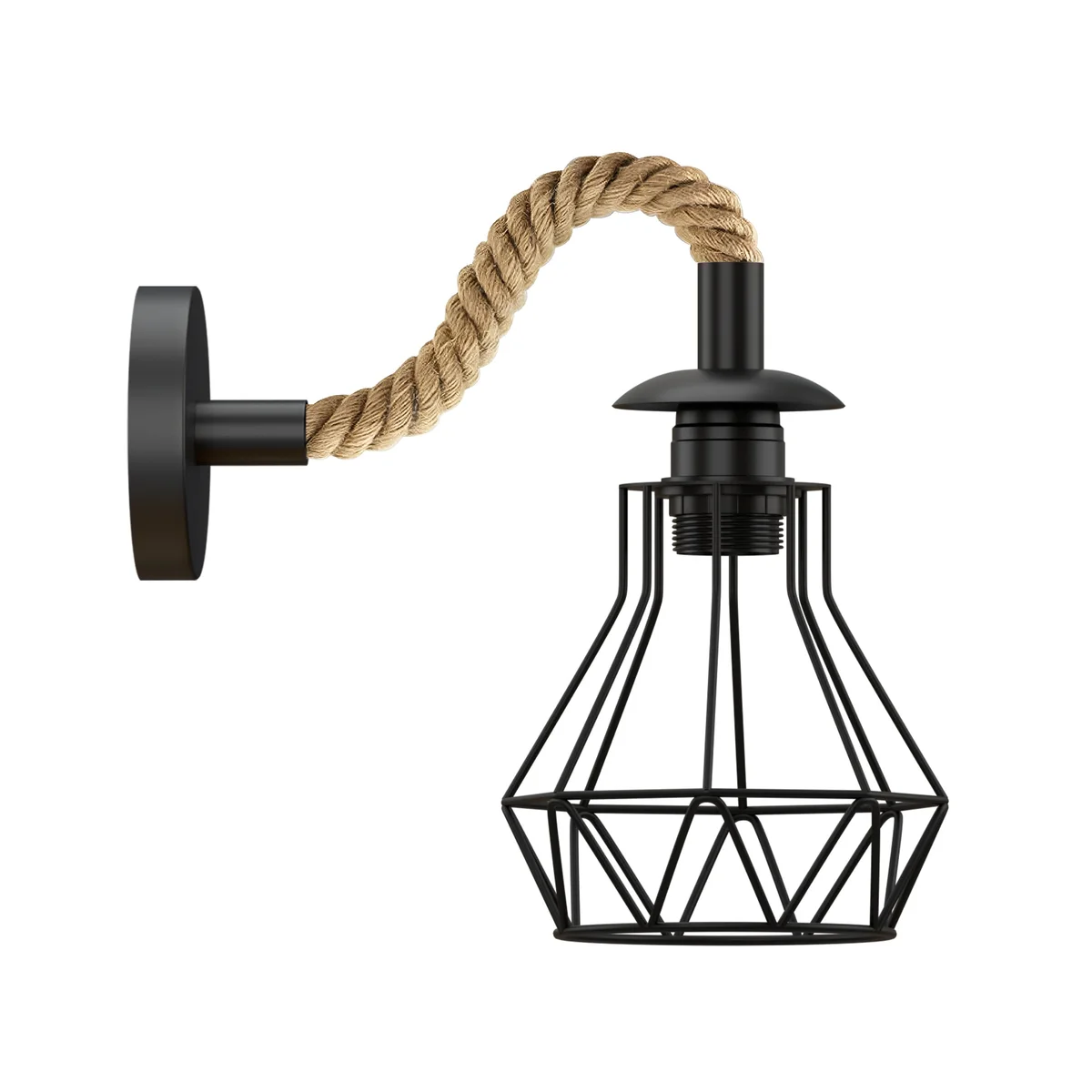 Black vintage hardwired wall light with twisted hemp rope cable and diamond cage metal shade, 14cm size, industrial style