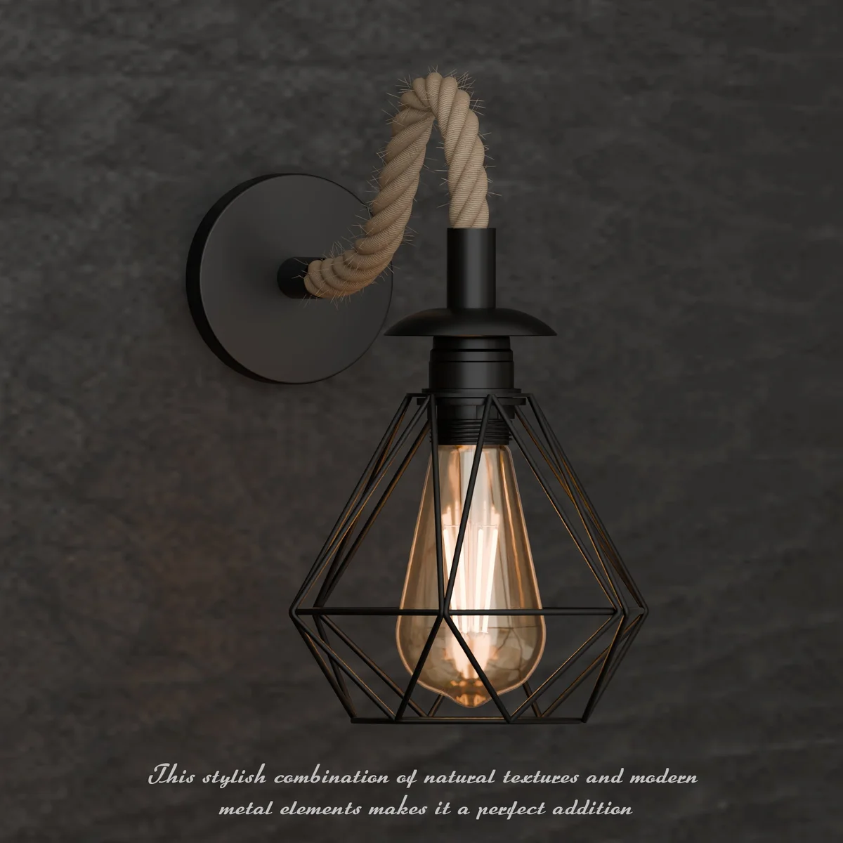 Vintage rope wall light with 15cm diamond metal cage and twisted hemp rope cable, E27 bulb compatible, rustic style