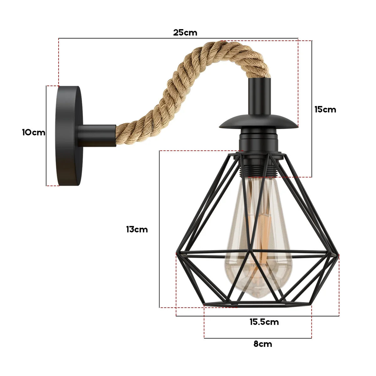 Vintage style hemp rope wall light with 15cm diamond metal cage and twisted rope cable, E27 bulb compatible, wall mounted.