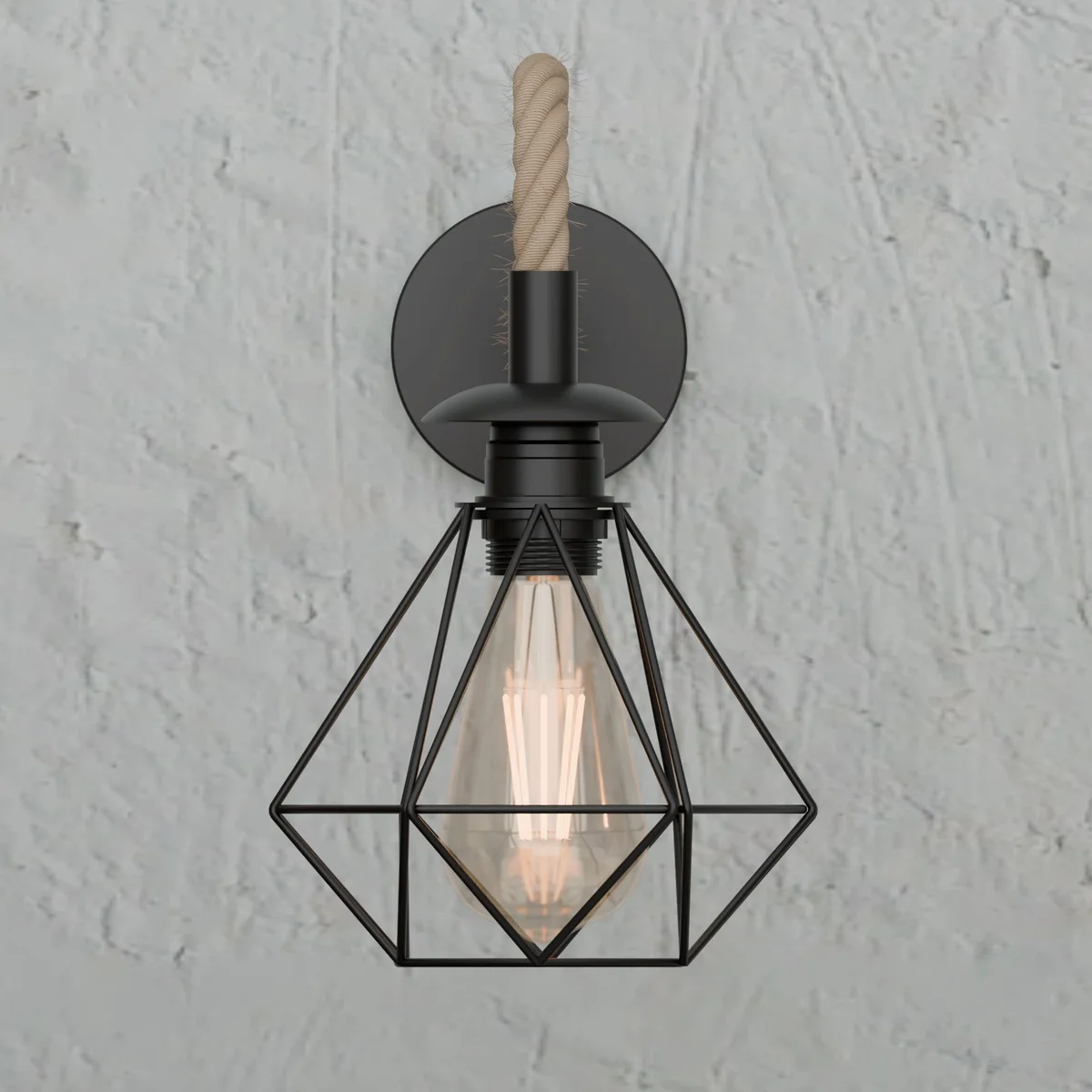 Vintage diamond cage wall lamp with 15cm metal frame and twisted hemp rope cable, hardwired E27 fitting, dimmable design