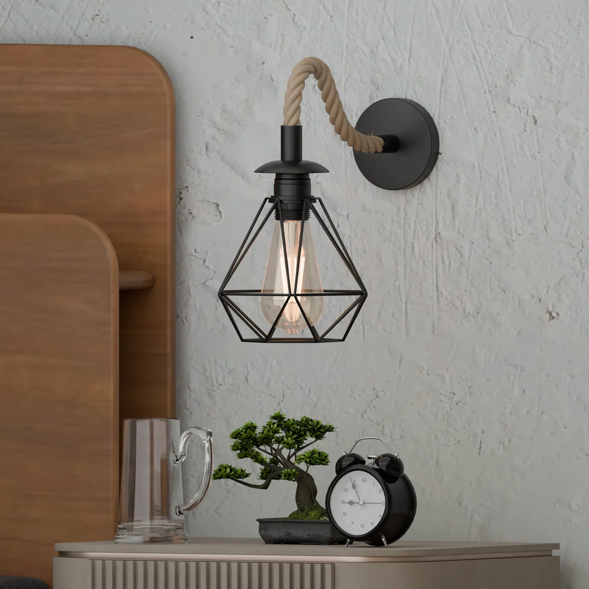 Vintage 15cm diamond cage E27 bulb wall light with twisted hemp rope and metal frame, ideal for indoor decor