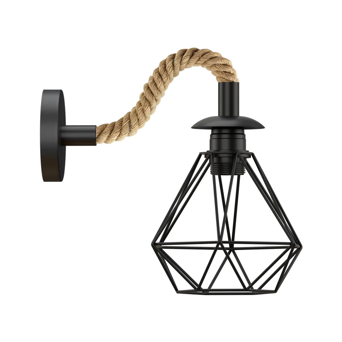 Dimmable vintage lamp with 15cm diamond metal cage and hemp rope wall fixture, suitable for indoor use with E27 bulb